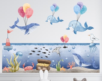 Debajo de la calcomanía de la pared de acuarela de mar, calcomanía de pared de ballenas, pegatina de pared de oceanía, calcomanía de pared de vida marina submarina, calcomanía de pared de vivero de acuario