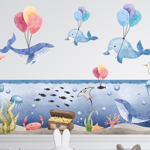 Under The Sea Whale Wall Decal Stickers - Ocean Watercolor Nursery Decor, Removable Wall Stickers For Kids