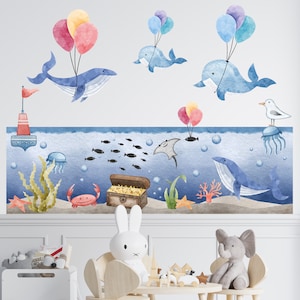 Under the Sea Watercolor Wall Decal, Whales Wall Decal, Ocean Wall Sticker, Underwater Sea Life Wall Decal, Aquarium Nursery Wall Decal