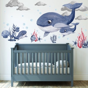 Watercolor Whales Wall Decal Set, Removable Whale Wall Sticker, Sea Animals Wall Decal, Under the Sea Stickers, Nursery Wall Decal,