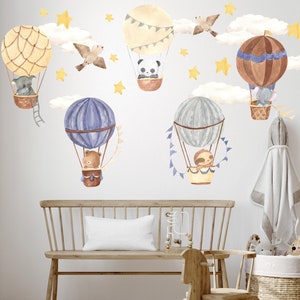 Retro Hot Air Balloon with Safari Animals Wall Decal, Nursery Hot Air Balloon with Cloud Sticker, Elephant, Koala, Bear, Panda Stickers