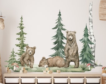 Décalcomanie du mur de l’ours de la forêt à l’aquarelle, autocollant du mur de la pépinière, autocollant du mur de l’arbre de la forêt et de l’ours, autocollant du mur du pin, autocollant du mur des bois, ours