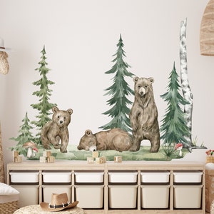 Watercolor Forest Bear Wall Decal, Nursery Wall Decal, Forest Tree and Bear Wall Decal, Pine Tree Wall Decal, Woodland Wall Decal, Bear