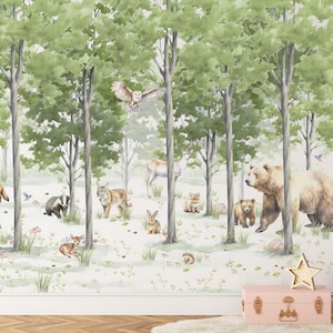 Forest Animal Wallpaper, Wildlife Wallpaper, Forest Tree Wall Mural, Kids Peel and Stick Wallpaper, Nursery Wallpaper, Kids Wallpaper