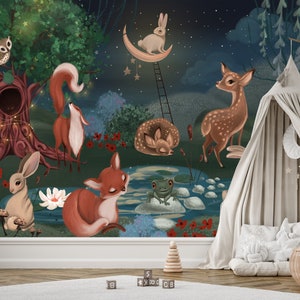 Dark Magical Woodland Forest Wallpaper, Kids Woodland Wallpaper, Nursery Forest Animal Wallpaper, Peel and Stick, Nursery Animal Wallpaper