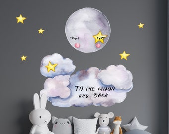 Cloud And Moon Wall Decal, Nursery Moon Wall Decal, Kid Room Wall Sticker, Watercolor Clouds Decal, Stars Wall Decal, To The Moon Decal