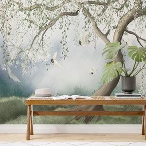 Chinoiserie Wallpaper Peel and Stick, Chinoiserie Wall Mural, Trees Floral Wallpaper, Asian Wallpaper, Tree Wall Mural, Removable Wallpaper
