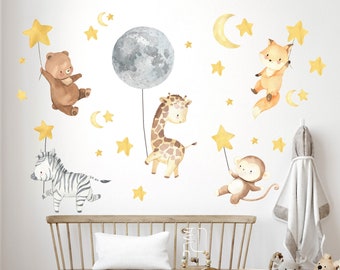 Jungle Animals with Balloon Wall Sticker, Moon and Stars Wall Decal, Safari Animals Wall Sticker, Safari Fabric Decal, Giraffe, Zebra, Lion