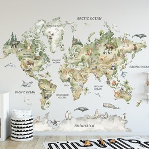 Watercolor World Map Decal, Childrens World Map Sticker, Animal Map Decal, Nursery World Map Sticker, Map Decal For Kids, World Map Wall Art