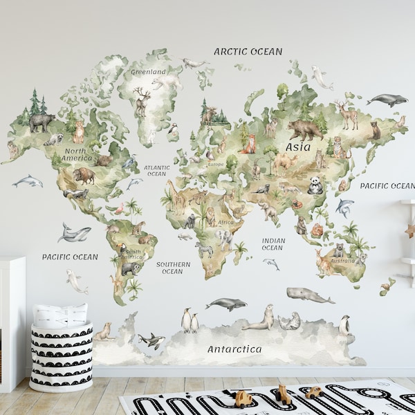 Sticker carte du monde aquarelle, sticker carte du monde pour enfants, sticker carte animal, sticker carte du monde de chambre d'enfant, sticker carte du monde pour les enfants, art mural carte du monde