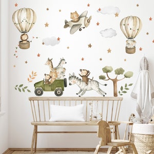Children&#39;s Room Wall Decal, Safari Giraffe Lion Elephant Tiger Zebra Wall Sticker, Nursery Wall Decal, Hot Air Balloon Decal, Safari Sticker