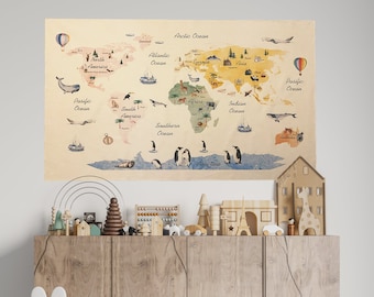Tapeçaria de mapa-múndi com balões de ar quente - Tapeçaria de mapa-múndi de animais - Tapeçaria de mapa de algodão orgânico - Tapeçaria de parede de mapa-múndi - Suspensão de parede de mapa