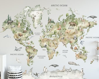 Calcomanía de mapa mundial de acuarela, pegatina de mapa mundial para niños, calcomanía de mapa de animales, pegatina de mapa mundial de guardería, calcomanía de mapa para niños, arte de pared de mapa mundial