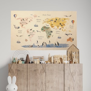 Hot Air Balloons World Map Tapestry - Animal World Map Tapestry - Organic Cotton Map Tapestry - World Map Wall Tapestry - Map Wall Hanging