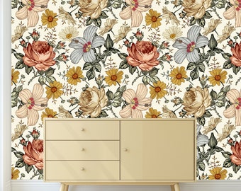 Flower Peel and Stick Removable Wallpaper, Vintage Floral Wallpaper, Nursery Wallpaper, Nursery Flower Wall Mural, Nursery Wall Art