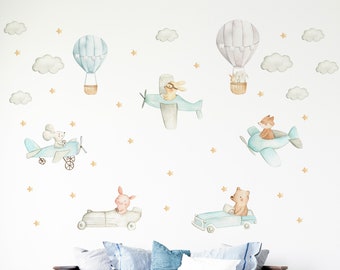 Watercolor Animal Airplane Wall Decal, Plane Wall Sticker, Peel and Stick Decal, Wall Decal, Hot Air Balloon Wall Sticker, Nursery Decal