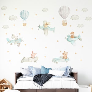 Watercolor Animal Airplane Wall Decal, Plane Wall Sticker, Peel and Stick Decal, Wall Decal, Hot Air Balloon Wall Sticker, Nursery Decal