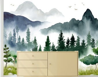 Watercolor Moutain and Tree Wallpaper, Removable Forest Wallpaper, Peel and Stick Wallpaper, Nursery Forest Wallpaper, Nature Wall Mural