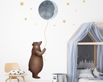 Bär hält Mond Wandtattoo, Kinderzimmer Bär und Jungtier Wandaufkleber, Kinderzimmer Bär Aufkleber, Mond und Sterne Aufkleber, Schälen und Stick, Teddybär Aufkleber