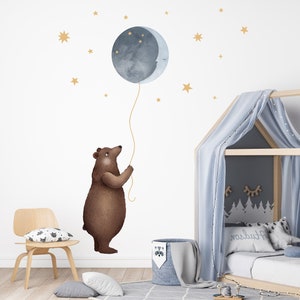 Bear Holding Moon Wall Decal, Nursery Bear and Cub Wall Sticker, Nursery Bear Decal, Moon and Stars Sticker, Peel and Stick,Teddy Bear Decal