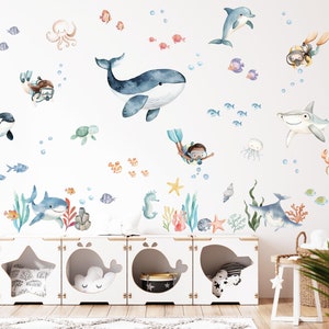 Nursery Ocean Animals Wall Decal, Under the Sea Wall Stickers for Kids, Nursery Wall Decor, Whale Wall Art, Kids Decal, Ocean Divers Decal