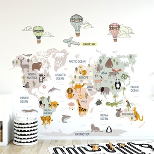 Personalized World Map Decal, Childrens World Map Sticker, Nursery World Map Decal, World Map Wall Mural, Peel and Stick Decal, Animal Map