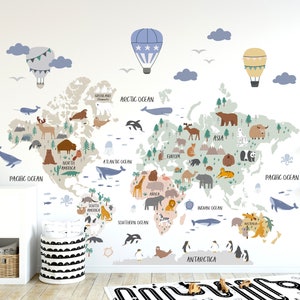 Weltkarte Wandbild der Tiere, abziehen und aufkleben, Weltkarte Wandbild, Kinderzimmer Wandtattoo, Aufkleber für Kinderzimmer, Wandbild für Kinderzimmer Bild 1