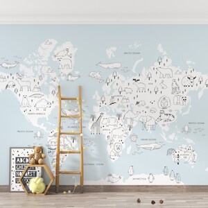 Kaart van de wereld behang, wereldkaart muur muurschildering, kinderbehang, kindermuur muurschildering, dierenwereld kaart muurschildering, Peel en Stick Wallpaper