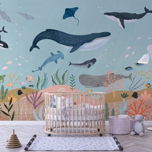 Carta da parati per la cameretta sotto il mare, carta da parati per bambini, carta da parati con balene, carta da parati con animali dell'oceano, carta da parati rimovibile, carta da parati staccabile e incollabile