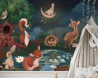 Dark Magical Woodland Forest Wallpaper, Kids Woodland Wallpaper, Nursery Forest Animal Wallpaper, Peel and Stick, Nursery Animal Wallpaper