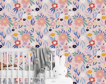 Pink Flowers Peel and Stick Wallpaper, Removable Wallpaper, Nursery Floral Wallpaper, Flowers Wall Mural, Kid Room Wallpaper, Wall Art