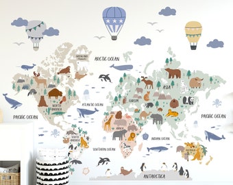 Sticker carte monde animal, sticker carte, autocollant carte du monde, papier peint carte du monde, sticker carte du monde pour enfants, sticker mural chambre d'enfant, sticker carte chambre d'enfant