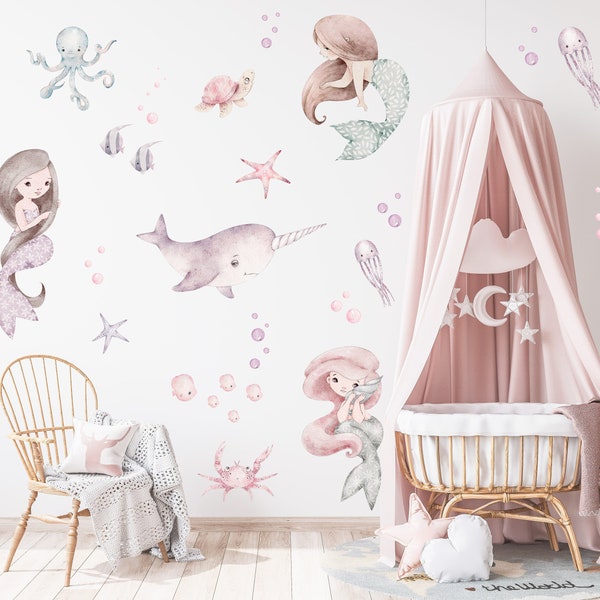 Watercolor Mermaid Wall Decal, Girls Room Wall Sticker, Under the Sea Life Wall Decal, Underwater Wall Sticker, Nursery Wall Decal