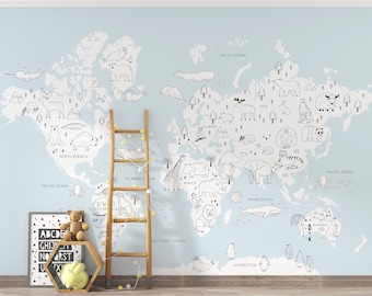 Karte der Welt Tapete, Weltkarte Wand Wandbild, Kinder Tapete, Kinder Wand Wandbild, Tier Welt Karte Wandbild, schälen und Stick Wallpaper