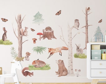 Woodland Animal and Tree Wall Decal, Nursery Forest Wall Decal, Bear, Fox, Rabbit Decal, Watercolor Woodland Sticker, Forest Animal Sticker