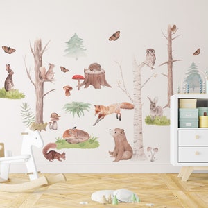 Woodland Animal and Tree Wall Decal, Nursery Forest Wall Decal, Bear, Fox, Rabbit Decal, Watercolor Woodland Sticker, Forest Animal Sticker