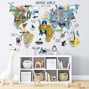 Calcomanía de mapa del mundo animal, calcomanía de mapa del mundo para niños, calcomanía de mapa para niños pequeños, mapa del mundo bohemio, arte de pared con mapas, arte de pared para guardería, mapa autoadhesivo