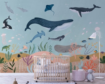 Nursery Under The Sea Wallpaper, Kids Wallpaper, Whale Wallpaper, Ocean Animals Wall Mural, Removable Wallpaper, Peel and Stick Wallpaper