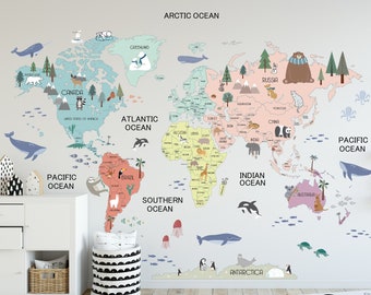 Boho World Map Decal / World Map Wall Sticker / Nursery Wall Decal / Kid Room Wall Sticker / Politicial World Map Sticker / Kids Map Decal