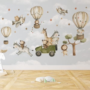 Flying Animals Kids Wallpaper Hot Air Balloon, Giraffe Lion Elephant Tiger Zebra Wallpaper, Nursery Wallpaper, Safari Animals Wallpaper