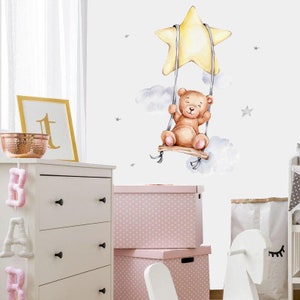 Bear and Stars Wall Decal, Nursery Bear Wall Decal, Nursery Bear Wall Sticker, Stars Wall Decal, Baby Room Bear Wall Sticker, Bear Decal