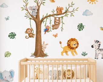 Naklejki ścienne z motywem drzewa safari do pokoju dziecięcego, naklejki ścienne z motywem zwierząt dżungli, naklejki z akwarelowymi zwierzątkami, neutralny wystrój pokoju dziecięcego, pokój dziecięcy