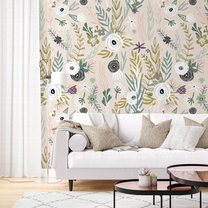 Removable Floral Wallpaper, Boho Flowers Wall Mural, Peel and Stick Wallpaper, Boho Floral Wallpaper, Nursery Wallpaper, Temporary Wallpaper