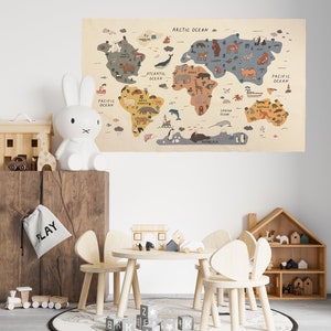 Tapisserie carte du monde animal tapisserie en coton bio tapisserie murale carte du monde cadeau carte du monde tapisserie pour chambre d'enfant cadeau carte du monde image 3