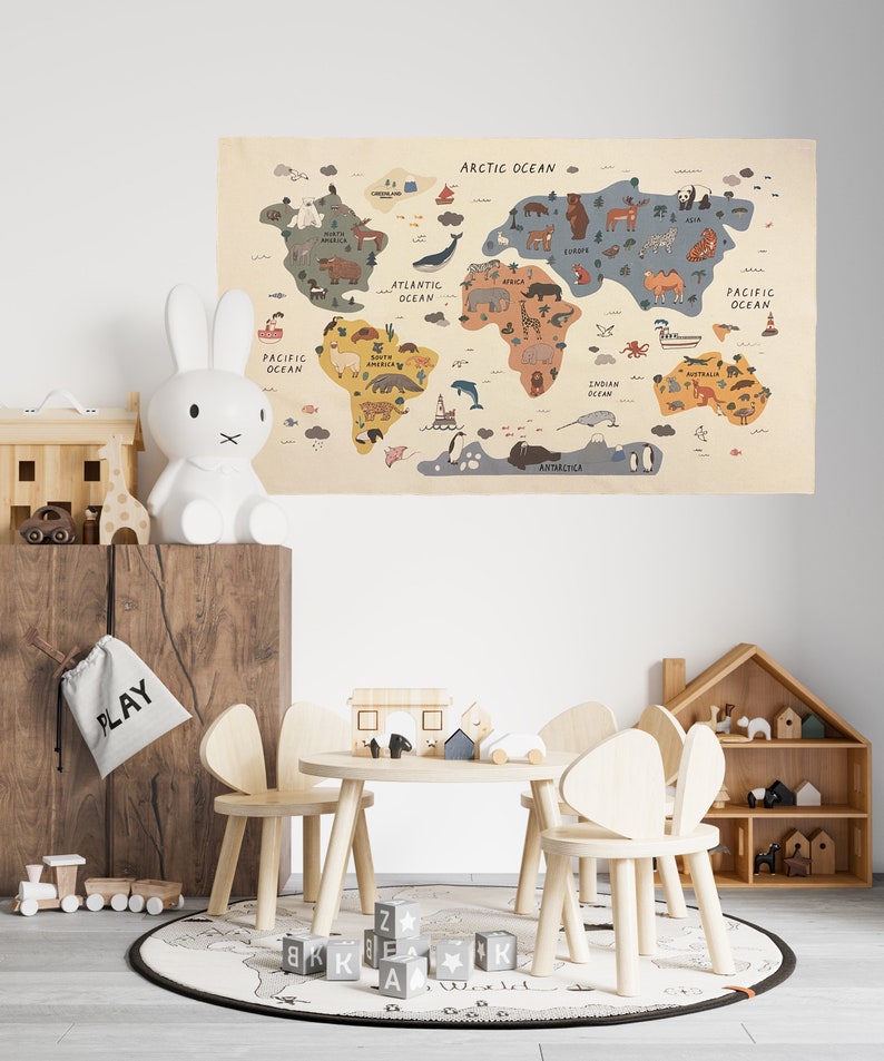 Tapisserie carte du monde animal tapisserie en coton bio tapisserie murale carte du monde cadeau carte du monde tapisserie pour chambre d'enfant cadeau carte du monde image 3