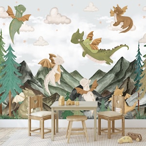 Carta da parati con drago per la cameretta dei bambini, murale con drago staccabile e attaccabile, carta da parati con drago per bambini, carta da parati per bambini, decorazioni per pareti per la cameretta dei bambini, carta da parati