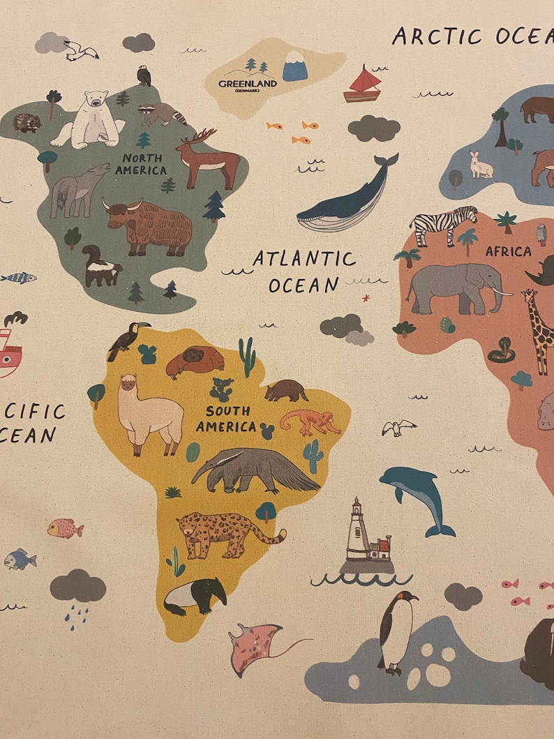 Animal World Map Tapestry Organic Cotton Fabric Tapestry - Etsy