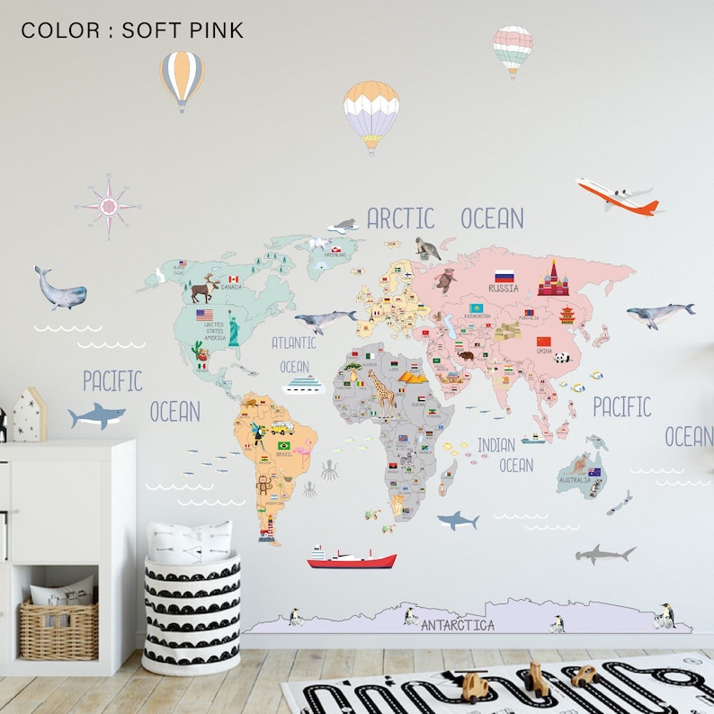 Soft World Map Decal / World Map Wall Sticker / Nursery Wall Decal / Nursery Map Decal /Kid Room Wall Sticker / Kid Room World Map Decal image 9