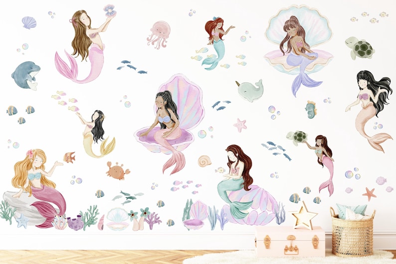 Huge Watercolor Mermaids & Ocean Animals Wall Decal Set, Mermaid Wall ...
