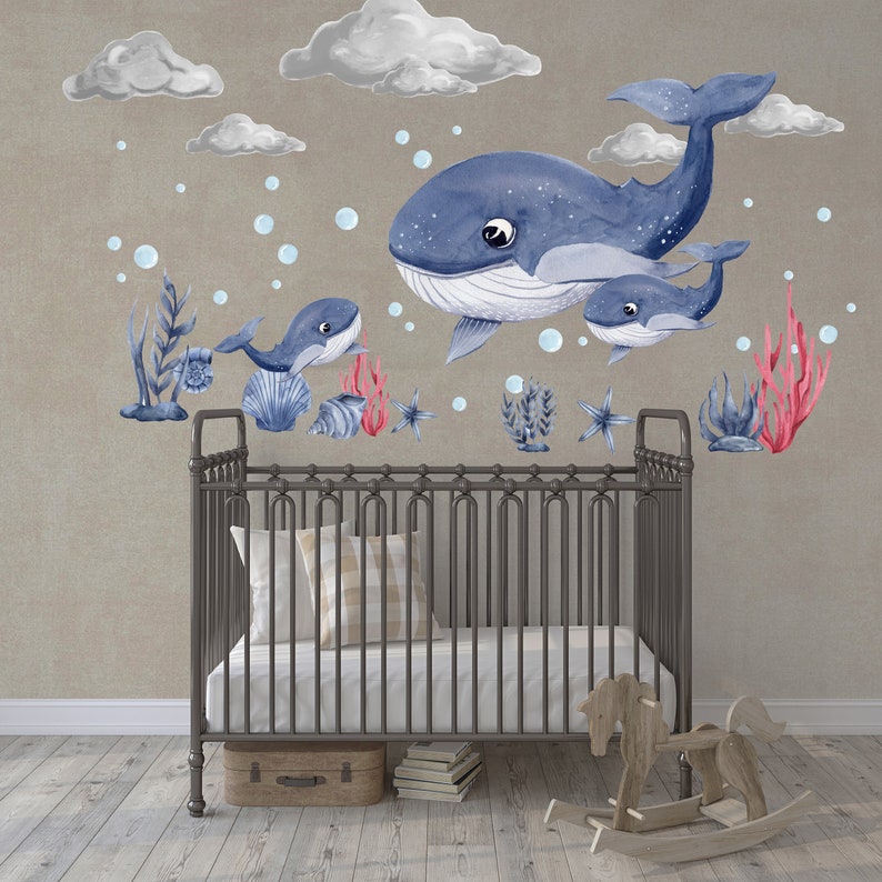 Watercolor Whales Wall Decal Set Removable Whale Wall Etsy